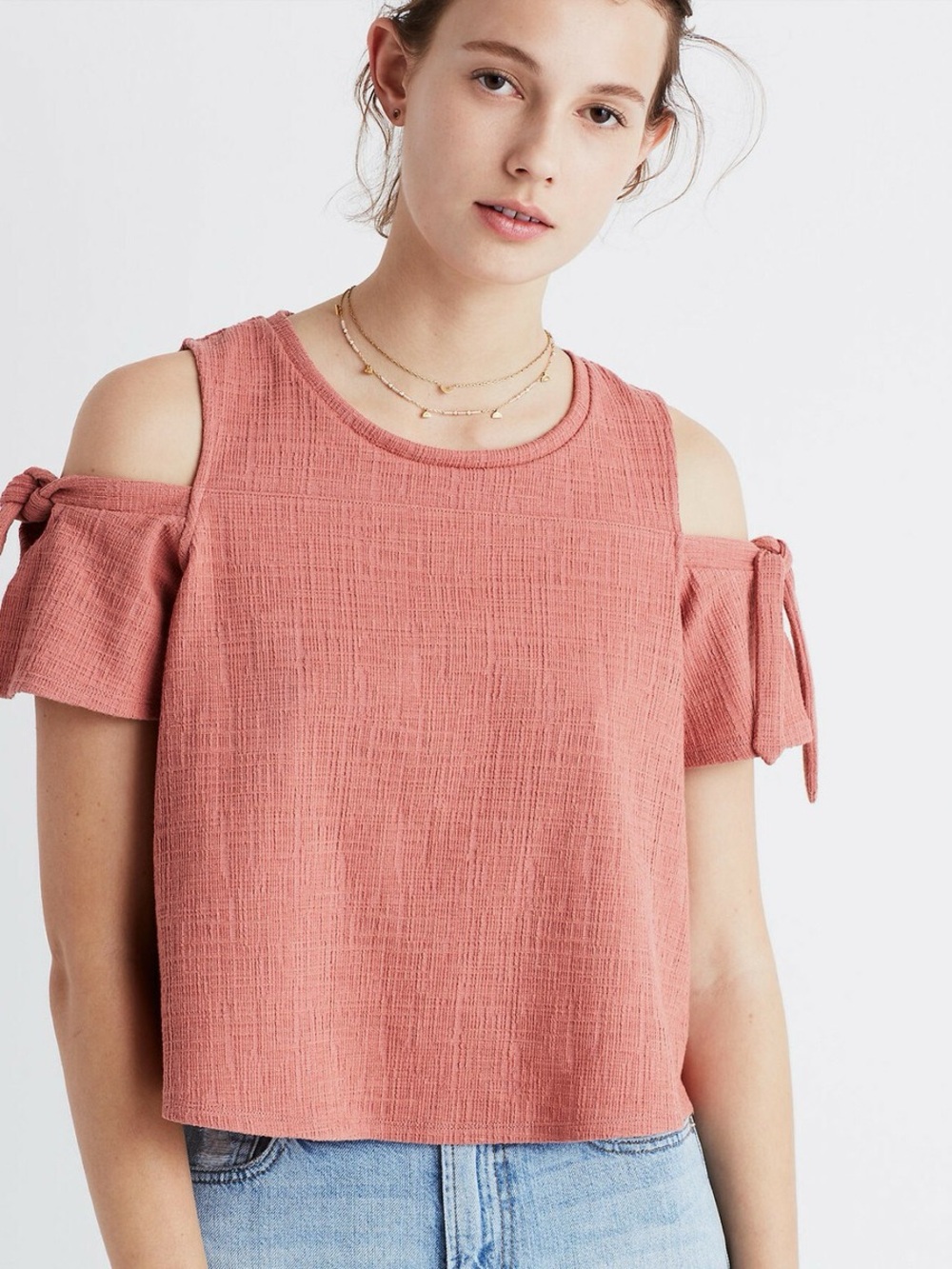 Madewell Dusty Rose Cold Shoulder Tie-Sleeve Textured Top